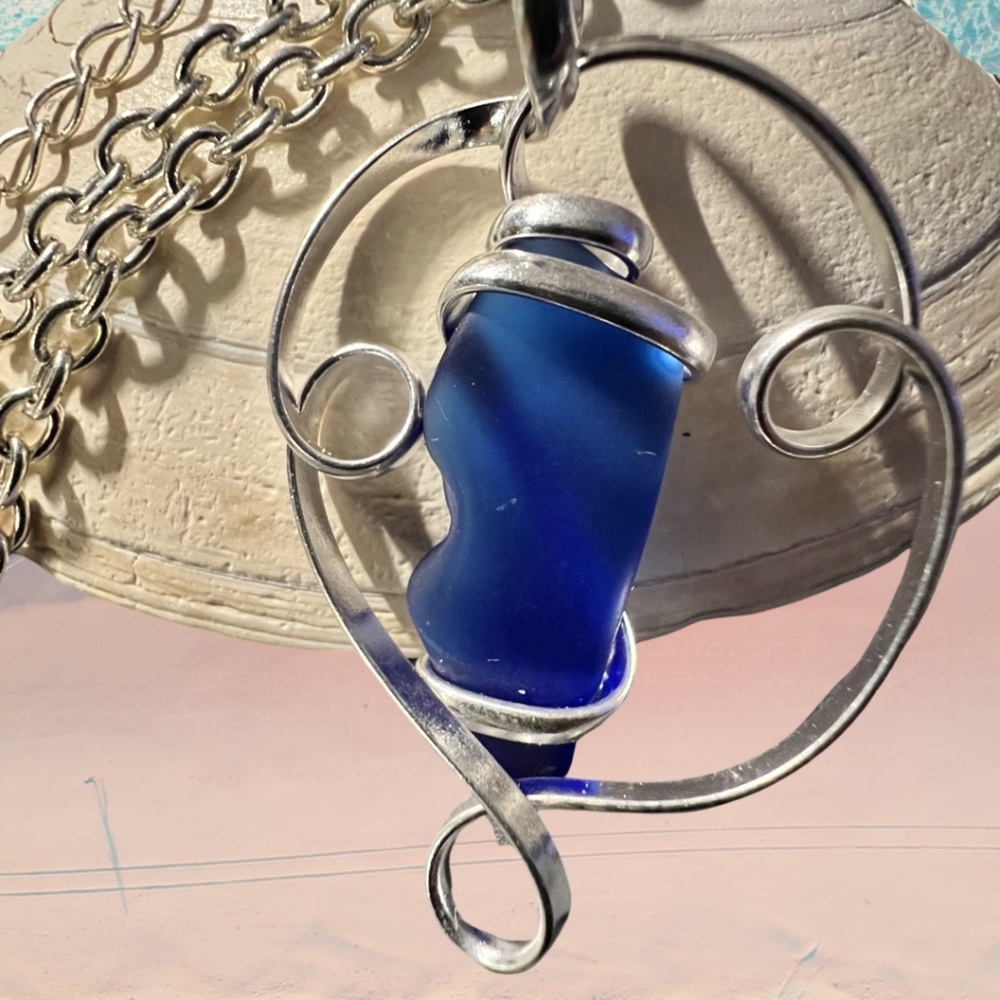 Cobalt Blue Pompano Beach Glass Freeform Pendant With Large Bale